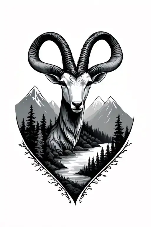 Capricorn With Forest And Mountain Landscape