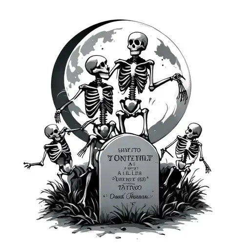 Skeletons Dancing Around Grave Under Crescent Moon
