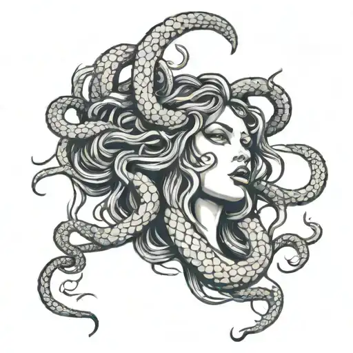 Medusa Head With 2 Extra Snakes Beside Her With There Mouth Open And Fangs Out