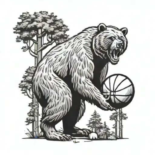A Grizzly Bear Shooting Hoops In The Middle Of A Forest Clearing Filled With Basketballs