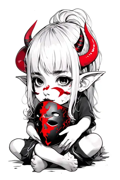 For Little Girl Oni Oni With Red Horns And Lips White Hair Holding A Broken Mask