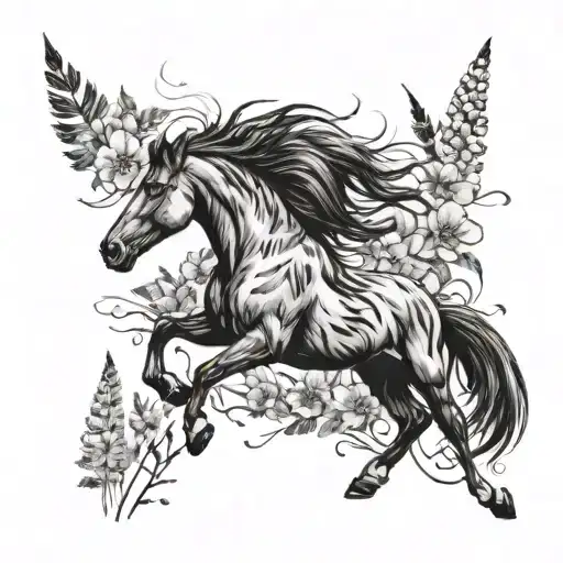 Wild Horse Galloping Through Wildflowers With Indian Feathers In It's Mane