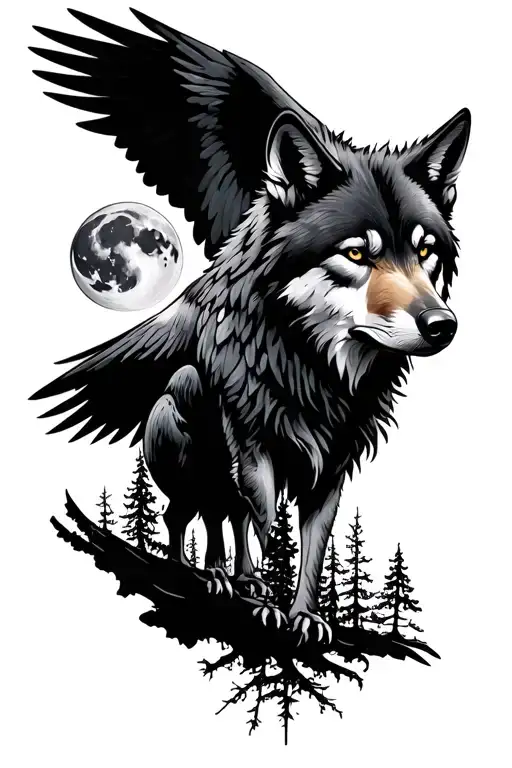 Wolf And Raven With Moon And Trees