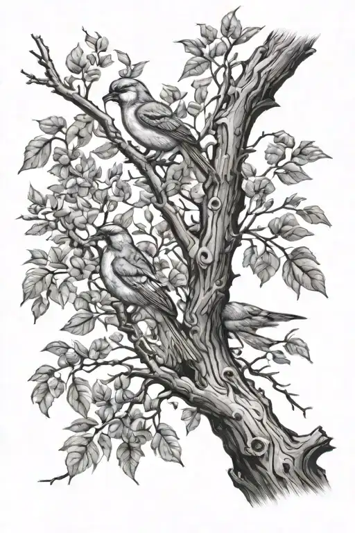 An Arm Sleeve Of A Realistic Tree Branch With Birds On It Going From Shoulder To Wrist