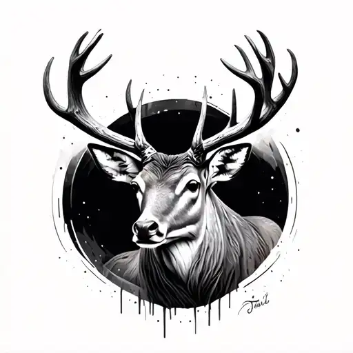 Deer Head With Large Antlers In Abstract Representation