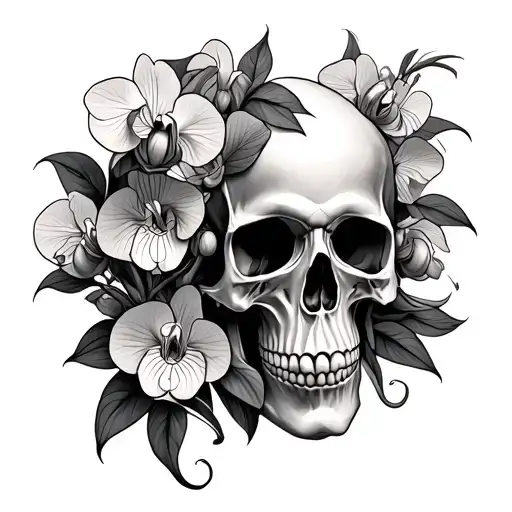 Skull Surrounded By Orchids
