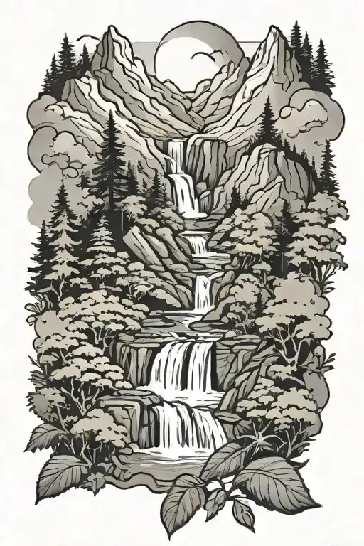 Mountain Scene Waterfall Surrounded By Lush Greenery