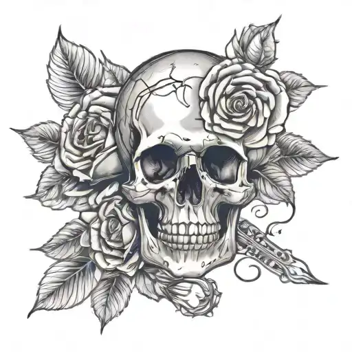 Skull And Money And Roses Blooming
