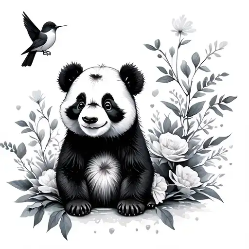 Little Panda With Flowers And Birds Sitting