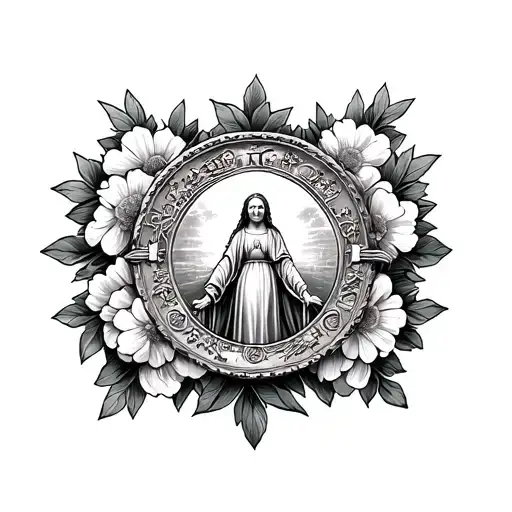 Round Miraculous Medal Surrounded With A Circle Of Carnations