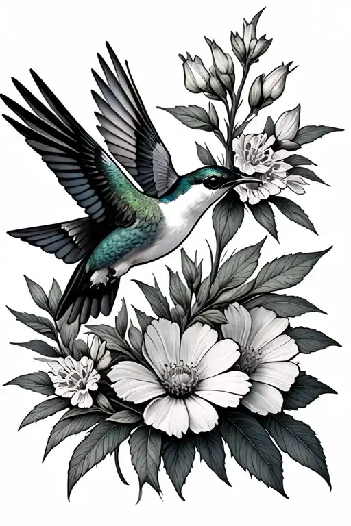 Hummingbird Hovering Over Cosmo And Larkspur Flower