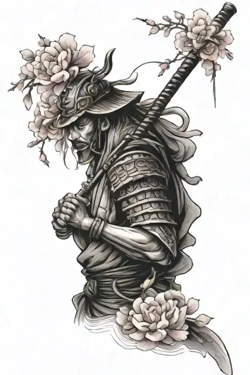 Samurai With China House And Pink Flowers Intertwined