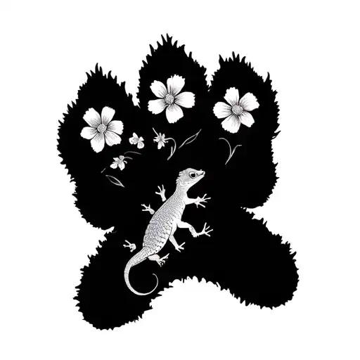 Fine Line Paw Print With A Small Gecko And Six Carnation Flowers