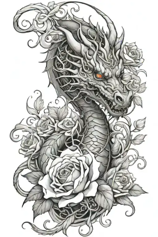 Dragon Wrapped In Roses And Vines Growing