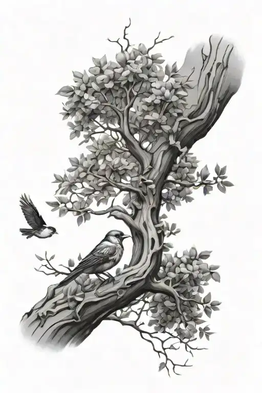 An Arm Sleeve Of A Realistic Tree Branch With Birds On It Going From Shoulder To Wrist