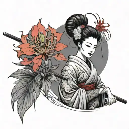 Red Spider Lily And Geisha Holding A Katana