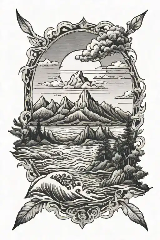 Ocean Scene With Trees And Moutains In The Background