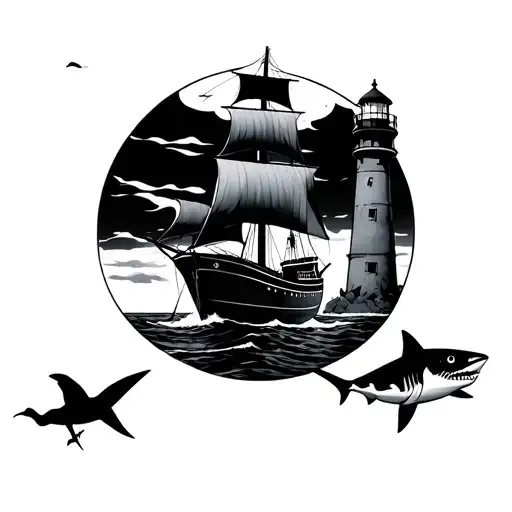 A Drawing Of A Sailboat Next To A Lighthouse With A Bird And A Shark