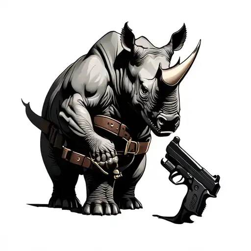Rhino Holding A Gun Belt And Holsters