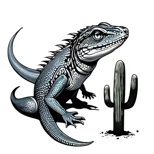 Jeweled Lacerta Lizard And Saguaro Cactus