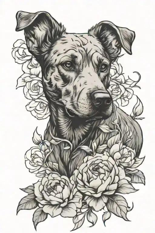 A Mix Breed Dog And Peonies Interwined