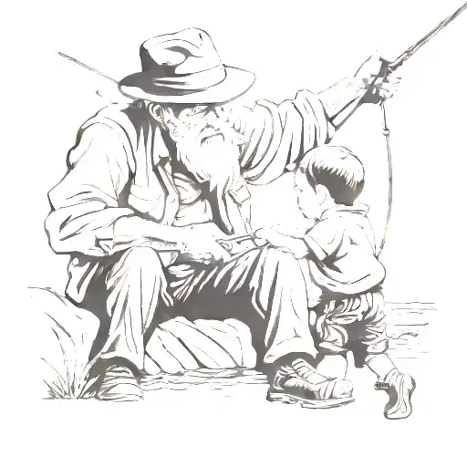 Grandpa Fishing With Grand Son With Mountains