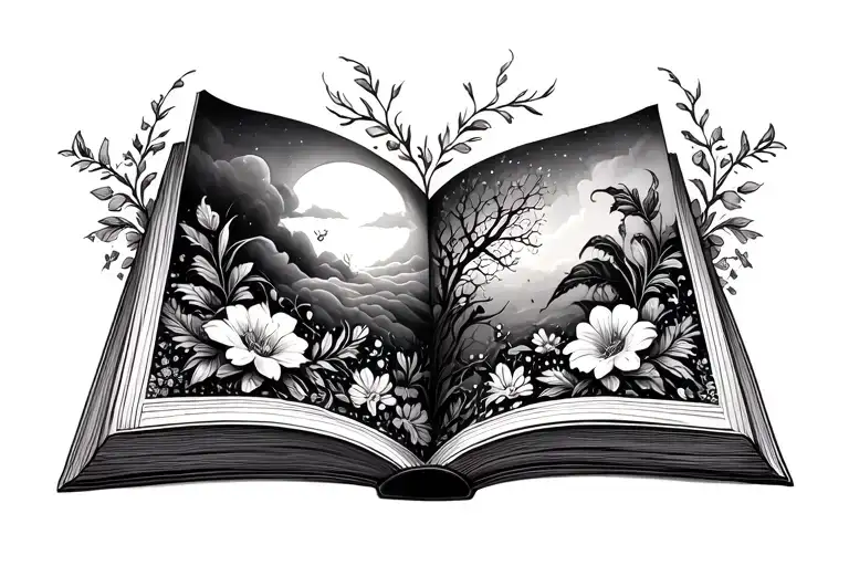 Book Open With Fantasy Scene And Floral Patterns