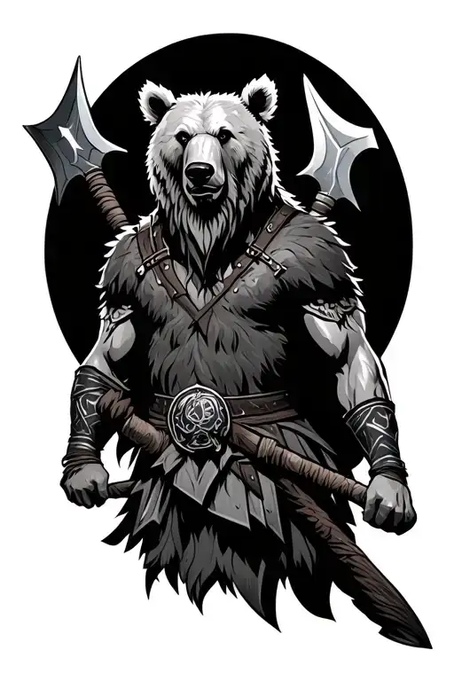 Druid Warrior Athletic Man With A Bear's Head With Double Axes