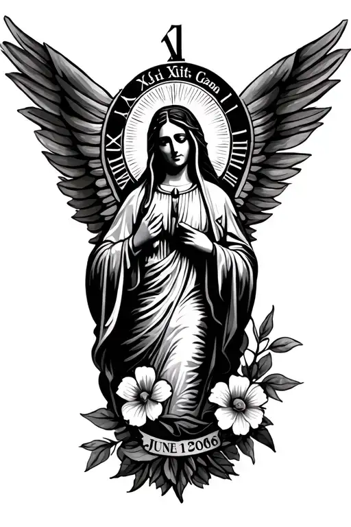 The Virgin Of Guadalupe With A Couple Of Flowers And Birthdate Of June 1St 2006 In Roman Numeral