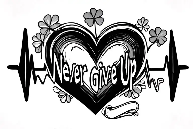 Heart Beat Line With Heart Four Leaf Clover And Phrase Never Give Up