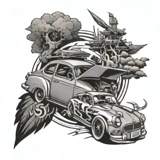 Design A Tattoo Featuring A Traditional Japanese Car Surrounded By Anime Characters