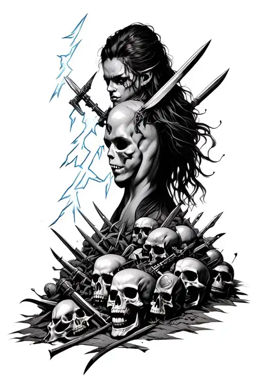 Portrait Of Niflheim With Lightning Bolt Back Grounded And A Pile Of Skulls And Weapons