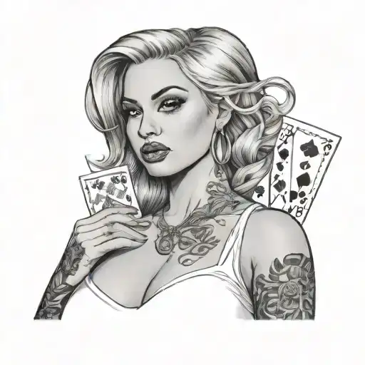 Realism Busty Woman Wearing White Top Nipples Pierced Holding A Royal Flush