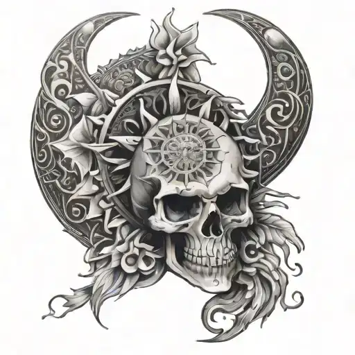 A Skull Morfed Into A Sun And Moon With Mandala Affect