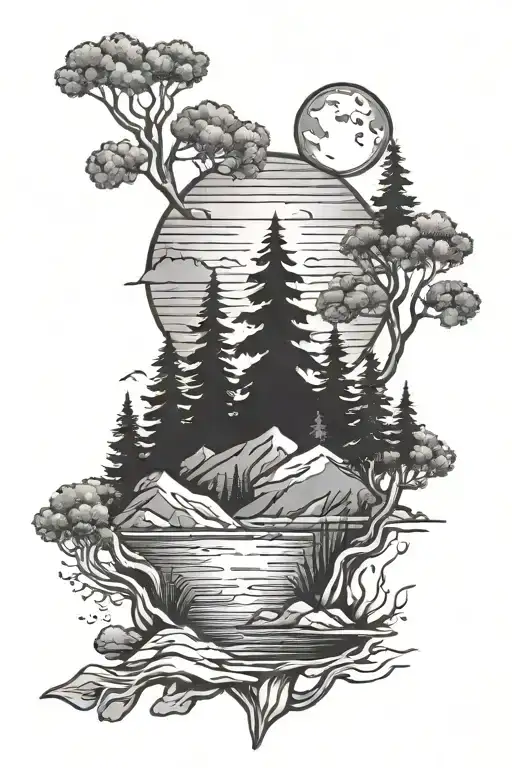 Mountains Trees Sunset Reflecting