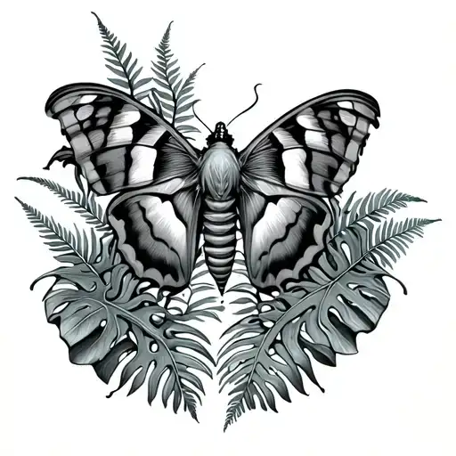 Moth With Monstera And Ferns