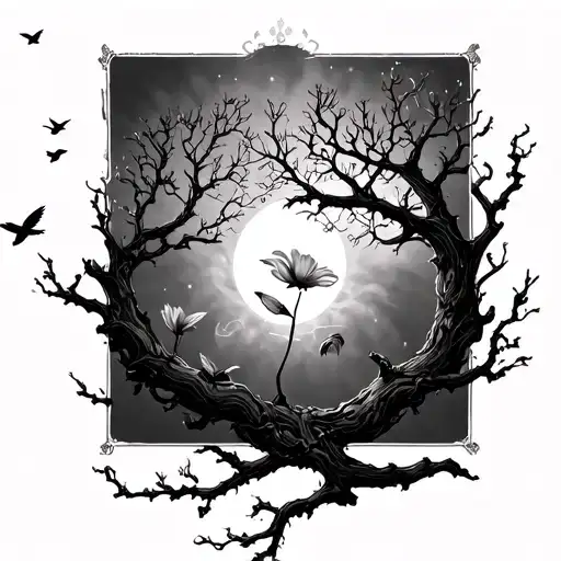 A Poison Tree With A Singular Small Flower On A Branch And Birds Flying Away