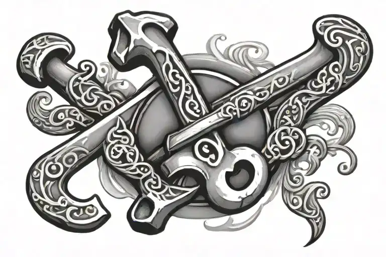 A Tattoo Of A Carpenter's Hammer Intertwined With A Treble Clef Symbol
