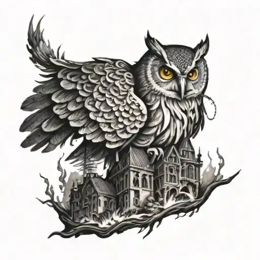 Burning City With Owl Perched Atop A Pile