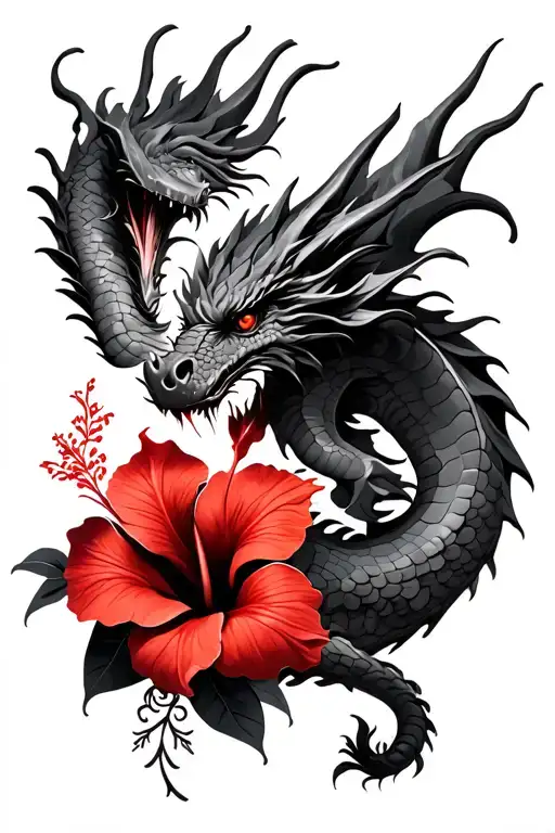 Dragon And Red Hibiscus Flowers