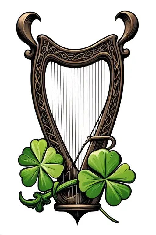 Irish Harp With An Irish Shamrock Intertwined Symbolizing