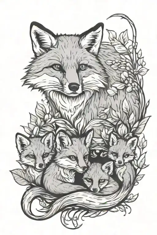 Mama Fox With Four Baby Cubs