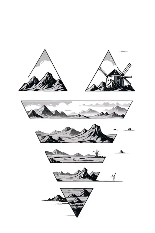 3 Triangles With Desert Mountains And Windmills