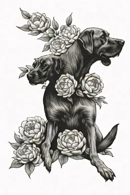 A Dog And Peonies Interwined