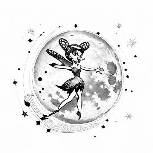 Tinker Bell Sitting On The Moon With Musical Notes As Stars