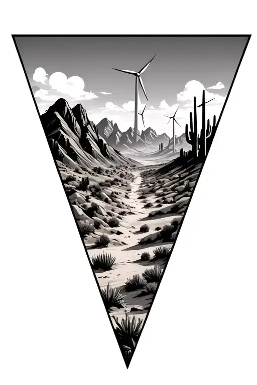 3 Sperate Triangles Put Images Of Desert Mountains With Many Windmills On The Mountains And Cactus