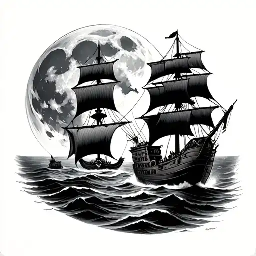 Full Moon With Scull And Pirate Ghost Ship Sailing