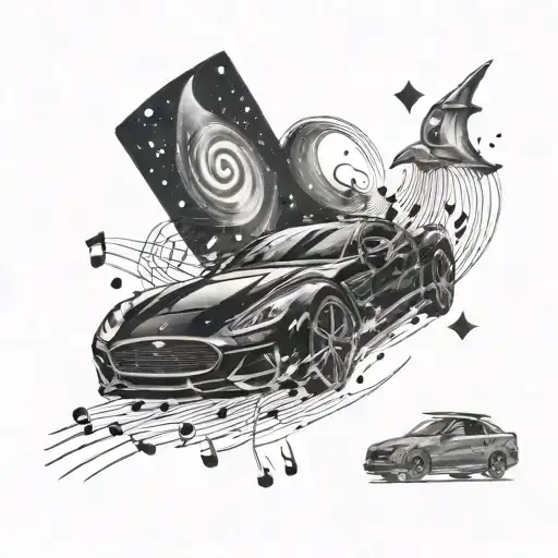 A Sleek Black Car Speeding Through A Galaxy Filled With Musical Notes And Symbols