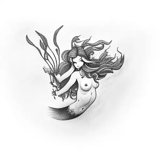 A Tattoo Of A Mermaid Swimming Among A Garden Of Underwater Flowers