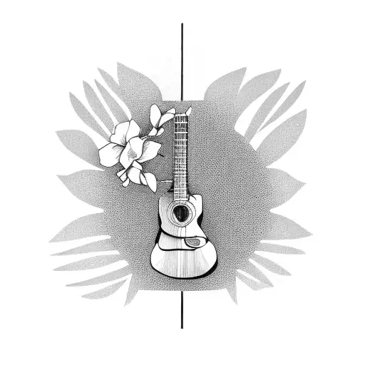 Acoustic Guitar Against A Palm Tree With Flowers